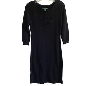 Lauren Ralph Lauren Vintage Sweater Dress Knit Beaded‎ Detail 3/4 Sleeve- XS EUC